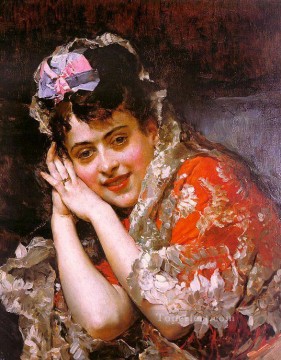  Blanca Pintura - La Modelo Aline Masson con una Mantilla Blanca dama realista Raimundo de Madrazo y Garreta